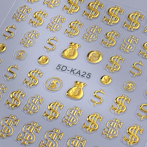 5D Gold Nail Stickers Embossed Dollar Design Self-Adhesive Decals
