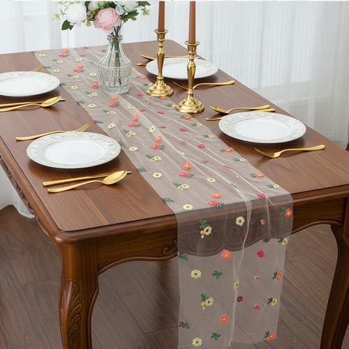 Champagne Embroidered Floral Table Runner Sheer Daisy Dining Decor