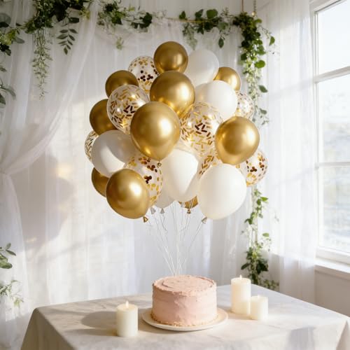 Gold and White Confetti Balloons - 50 Pack 12 Inch Set
