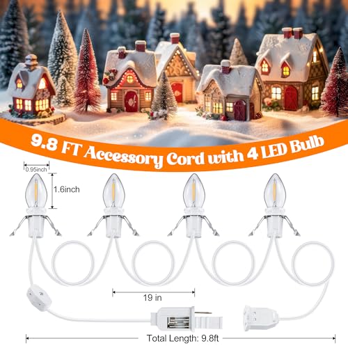 Christmas Village Light Cord with 4 LED Bulbs - 9.8 ft Connectable Decorative Lighting