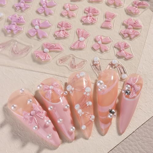 5D Embossed Pink Bow Nail Stickers Kawaii Japanese Style Decals