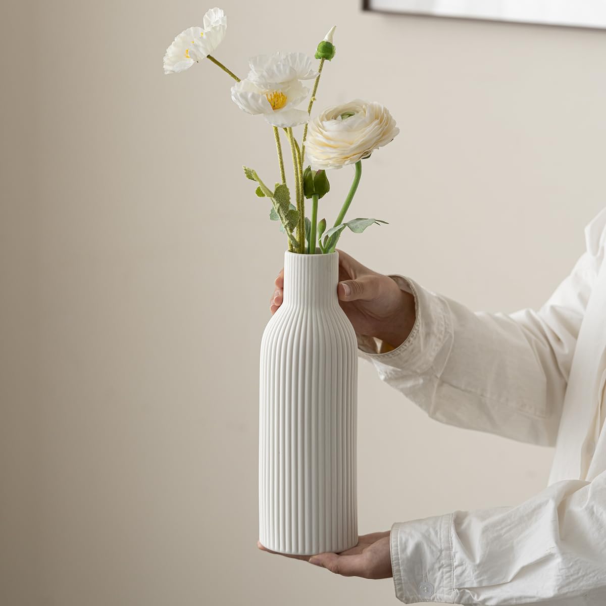 Modern Ceramic Vases Set of 3, White Ribbed Decorative Vases, Shelf Table Centerpiece for Home Decor, Birthday Gifts for Women, Mom, Grandma Decorative (White)