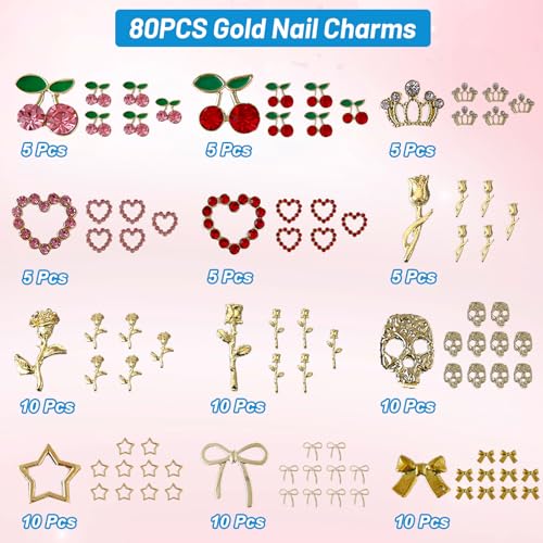 ALGLEA 80Pcs Gold Nail Charms Set Y2K 3D Metal Nail Art Gems