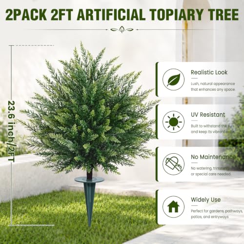 2ft Artificial Cedar Topiary Ball Trees with Ground Spikes - 2 Pack Green