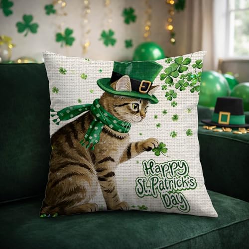St. Patrick's Day Shamrock Cat Throw Pillow Cover 18x18