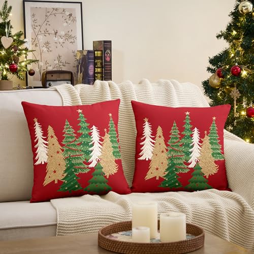 Christmas Pillow Covers 18x18 Inch Set of 2 - Festive Red & Green Holiday Decor