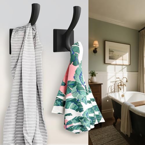 Heavy Duty Black Towel Hooks - 2 Pack Wall Mount for Coats, Towels, and Bags