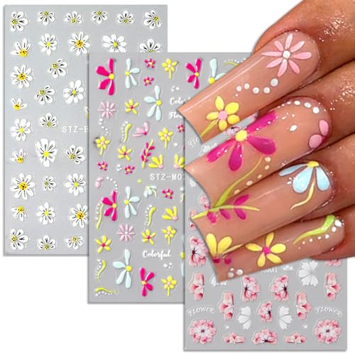 3D Floral Nail Stickers Embossed Cherry Blossom Daisy Decals - 3 Pcs