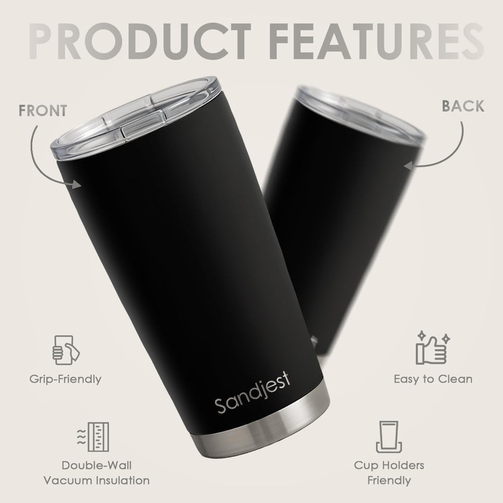 SANDJEST 20oz Black Stainless Steel Tumbler - Double Wall Vacuum Insulated Travel Coffee Cup
