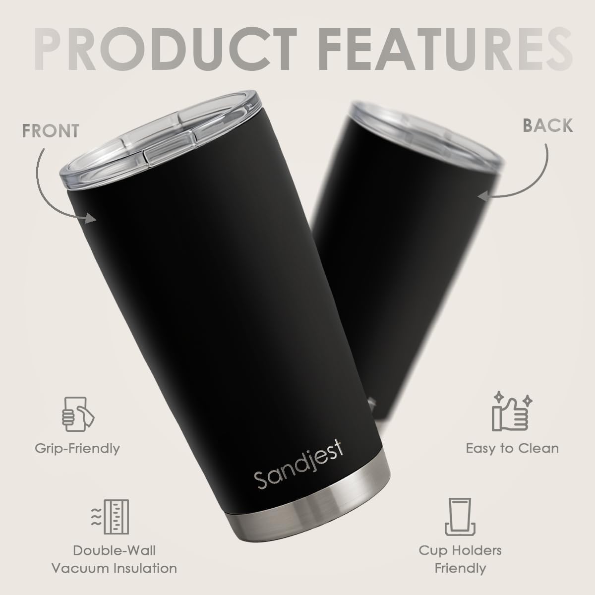 SANDJEST 20oz Black Stainless Steel Tumbler - Double Wall Vacuum Insulated Travel Coffee Cup