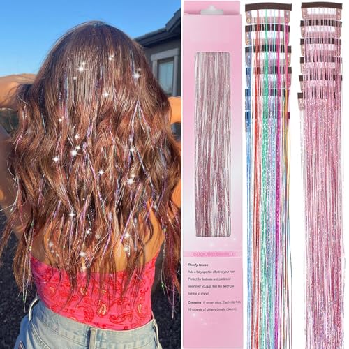 EROADE Clip-In Hair Tinsel 22-Inch 12 Pcs Rainbow Fairy Glitter Extensions
