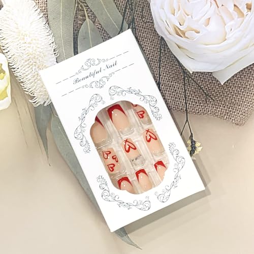 Press On Nails Medium Square Glossy Acrylic False Nails with Heart Designs