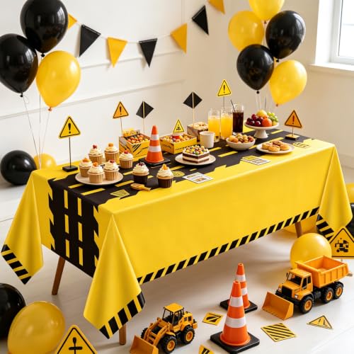 TJYJOY 3 Pack Construction Party Tablecloths - 51x86 Inch Waterproof Dump Truck Table Covers for Kids Birthday