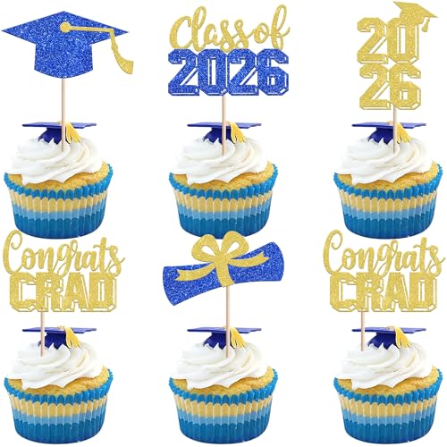 30 PCS Graduation Cupcake Toppers - Class of 2026 Glitter Picks