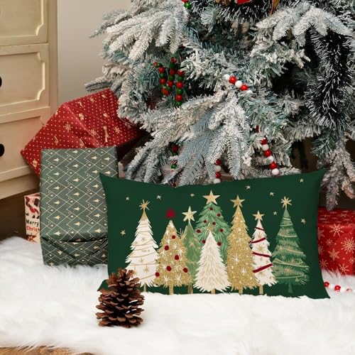 Christmas Pillow Cover 12x20 Inch - Watercolor Tree & Stars Decor