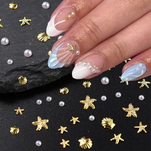 Sutaozhi 200Pcs Summer Starfish Nail Charms Gold Beach Pearl Rhinestones