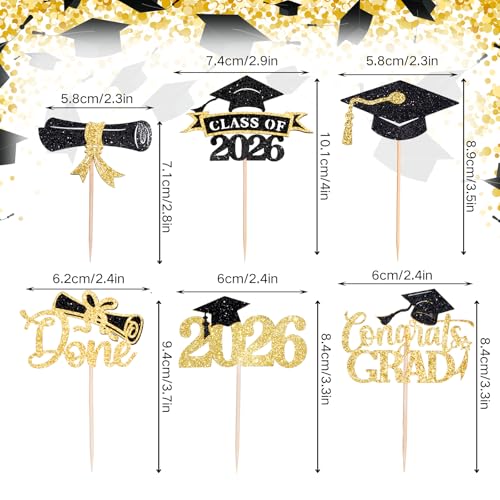 2026 Graduation Cupcake Toppers - 60 Pcs Black Gold Decor