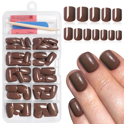 Bellelfin Short Square Press On Nails - 120Pcs Brown Acrylic False Nails Kit