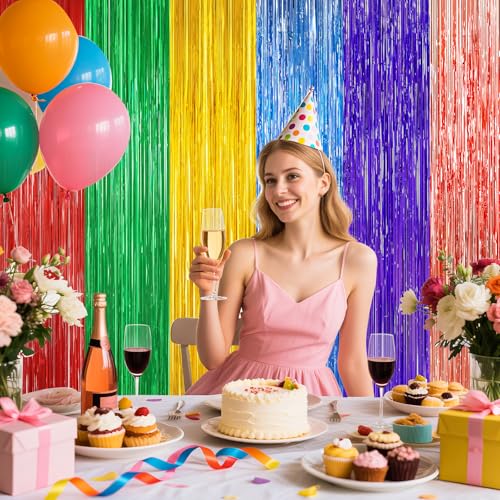 Rainbow Metallic Foil Fringe Curtain Backdrop - 2 Pack