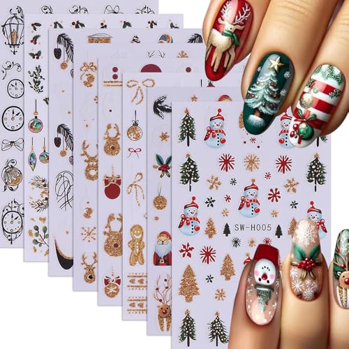 Christmas Nail Art Stickers 3D Self-Adhesive Winter Decals - 8 Sheets