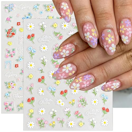 5D Embossed Floral Nail Stickers - Blue Flowers & Bows Self-Adhesive Art Decals (3 Sheets)