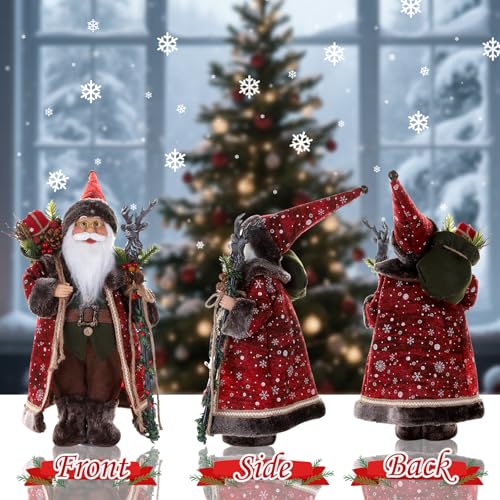 18-Inch Santa Claus Figurine with Deer-Head Cane and Sack for Christmas Home Decor