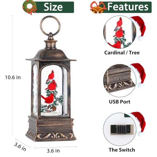 Musical Cardinal Snow Globe Lantern with Swirling Glitter - 10.6 Inch Festive Christmas Decor - 3 Cardinals Variation