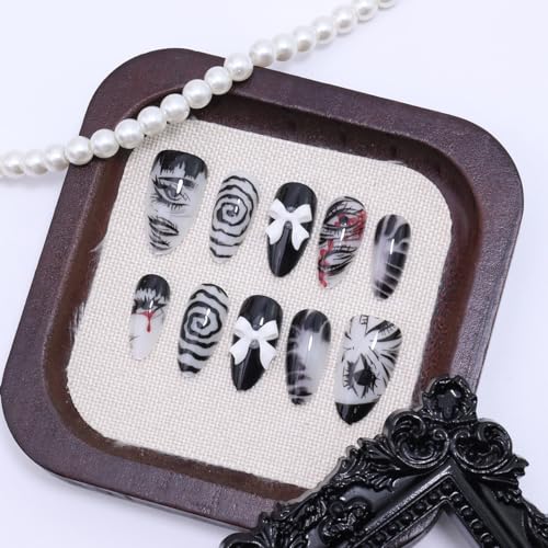 Gothic Press On Nails Medium Almond Y2K False Nails with Bow Design