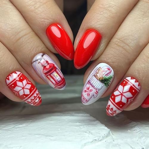 SWEKKE Christmas Short Almond Press on Nails Glossy Winter False Nails