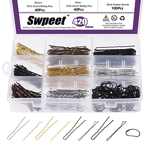 Swpeet 420Pcs Hair Pins and Bobby Pins Kit with Rubber Bands for Women