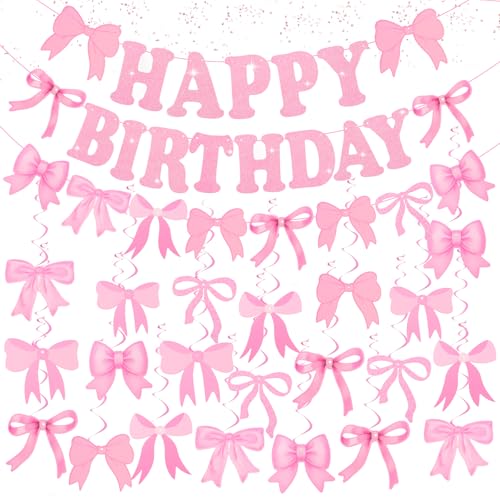 3PCS Pink Birthday Banner Set with 21 Bow Hanging Swirls