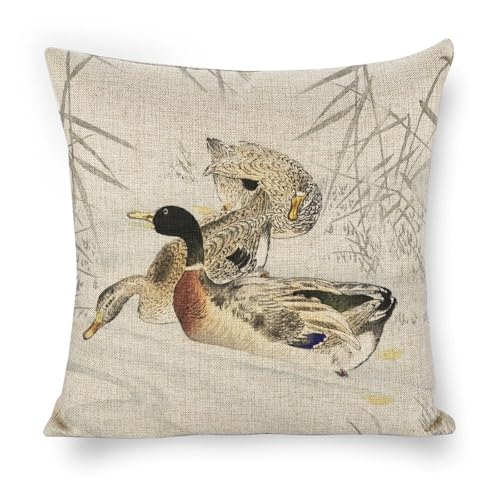 Three Ducks Linen Throw Pillow Cover 18x18 Inch for Sofa & Bedroom