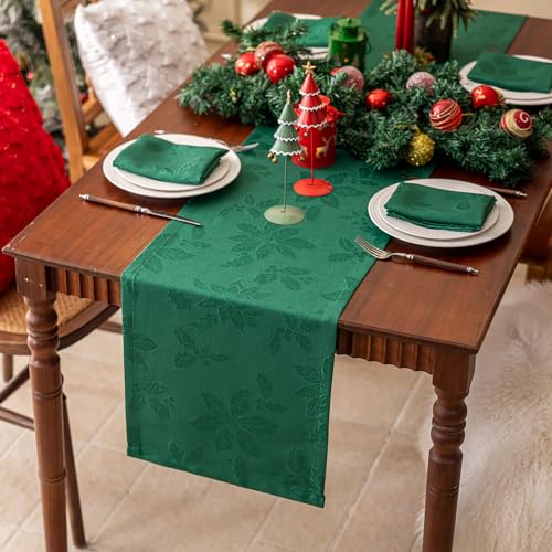 Joyfol Day Christmas Table Runner Waterproof Jacquard Poinsettia 14x36 Inch - Green