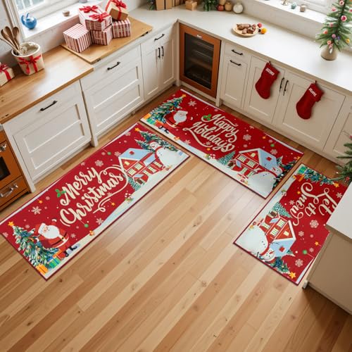Santa and Snowman Christmas Kitchen Rugs Set of 3 - 1'8" x 4'11" Runner