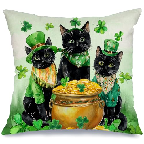 St. Patrick's Day Pillow Cover 18x18 - Cat & Shamrock Design