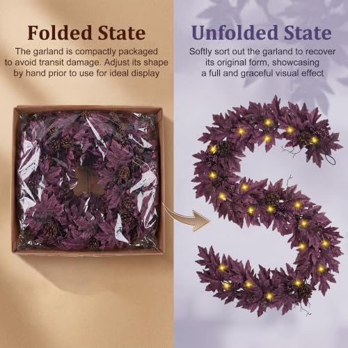 Purple Fall Garland with 30 Lights & Timer 6Ft Autumn Decor