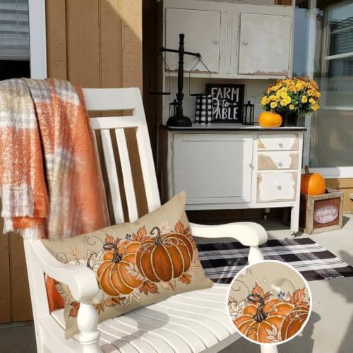 RABUSOFA Fall Outdoor Pillow Cover 12x20 Waterproof Pumpkin Thanksgiving Orange