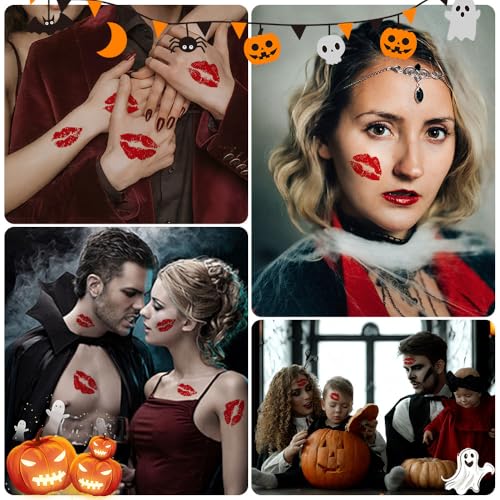 DEXUHE Red Lip Kiss Temporary Tattoos - 108 Pcs Waterproof Fake Lip Print Stickers for Halloween and Parties