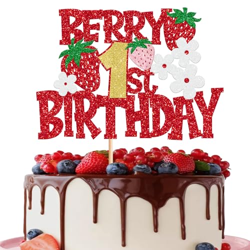 Berry 1st Birthday Cake Topper Red Glitter Strawberry Party Decor