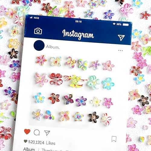 120Pcs 3D Resin Flower Nail Charms Colorful Hibiscus Flatback Floral Gems