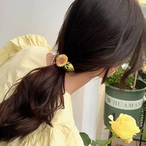 Brown Sunflower Scrunchies Hair Ties 4 Pcs, Elastic Ponytail Holders
