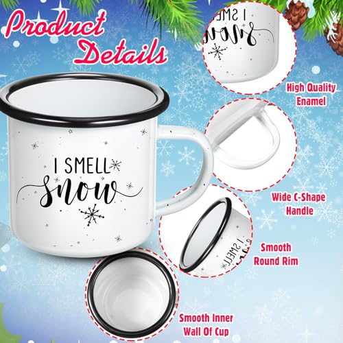 Set of 6 Enamel Christmas Mugs - Snowflake Winter Coffee Cups