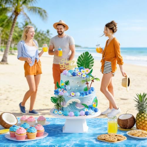 45 Pcs Blue Hawaiian Cake Topper Set with Palm Trees & Surfboards