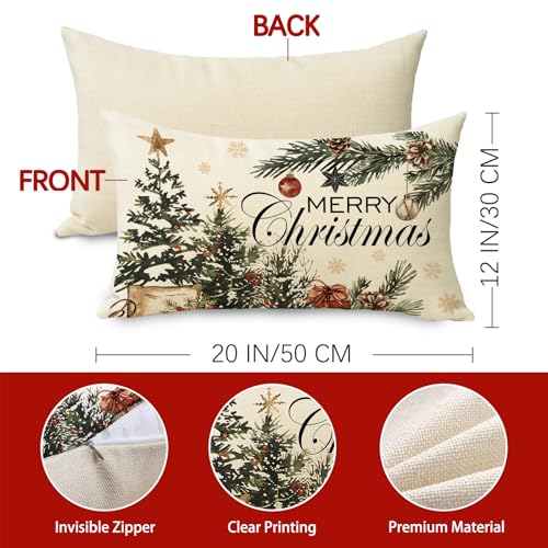 Merry Christmas Tree Lumbar Throw Pillow Cover, 12 x 20 Cotton Linen