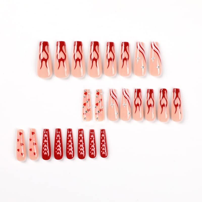 BAOYAALIN Red Long Coffin Press On Nails with Flames Heart Rhinestones 24PCS