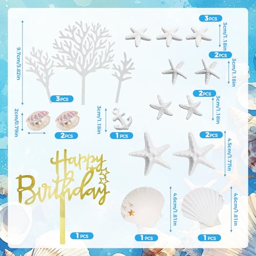 18-Piece Ocean Theme Cake Topper Set, Gold Seashell & Starfish Decorations