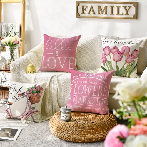 Hello Love Pink Tulips Throw Pillow Covers - Set of 4, 18"