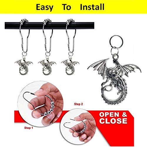 Silver Dragon Shower Curtain Hooks - Set of 12 Decorative Stainless Steel