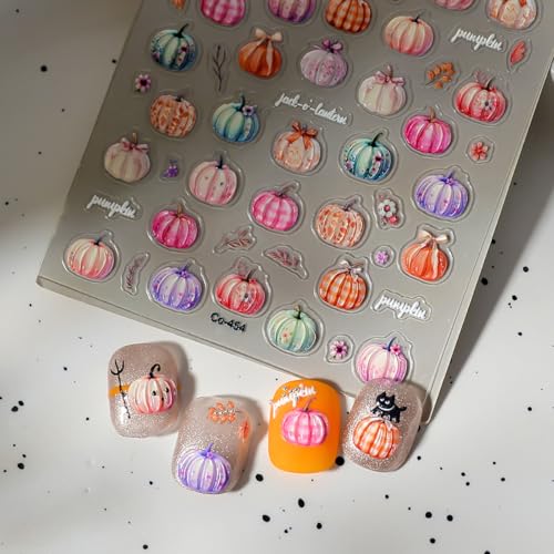 5D Jelly Embossed Fall Nail Stickers Colorful Pumpkin Autumn Decals