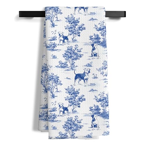 Chinoiserie Bull Terrier Dog Kitchen Towel Blue White Floral 16x24